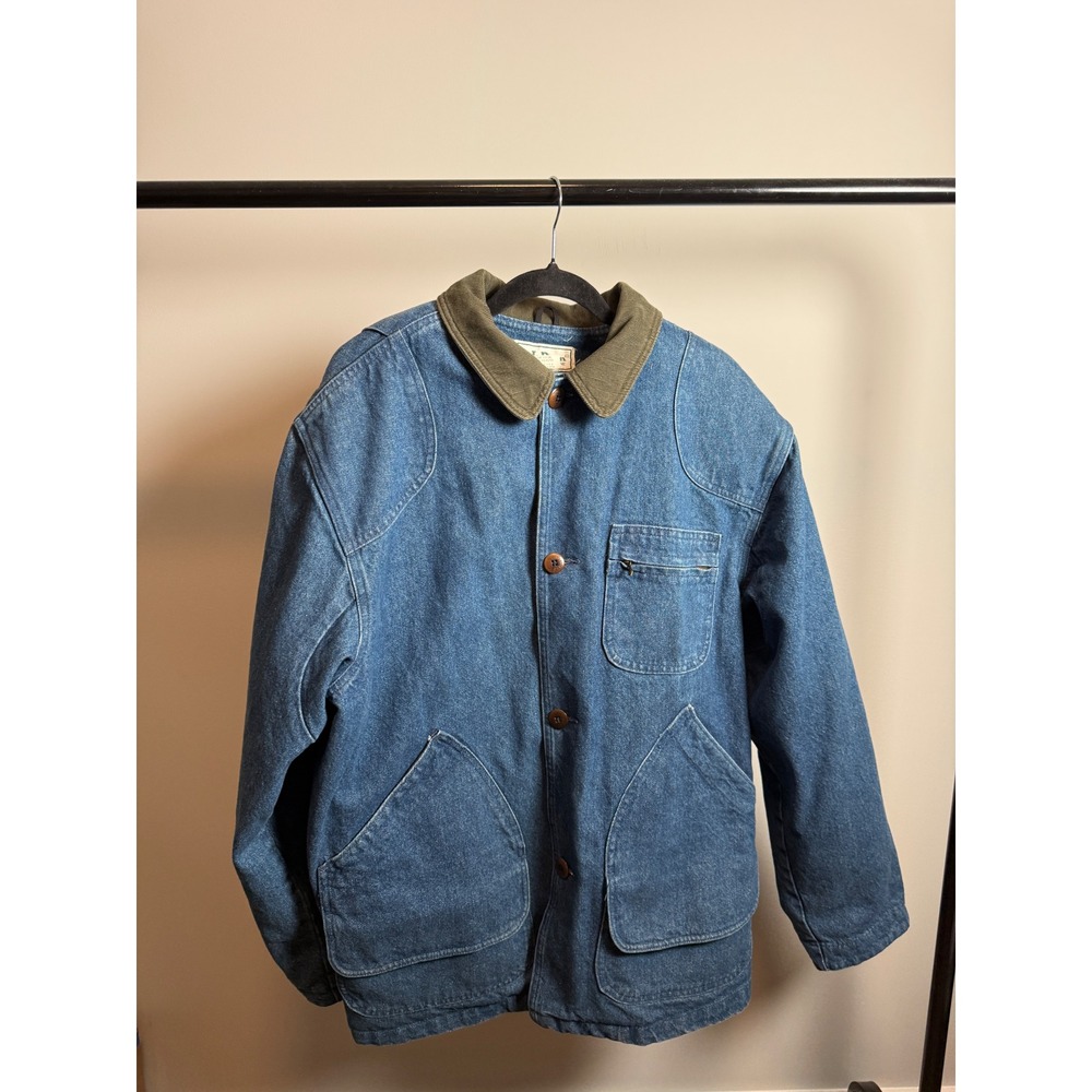 Vintage LL Bean Mens Denim Field Coat Plaid Wool Lined Barn Jacket Made in USA L